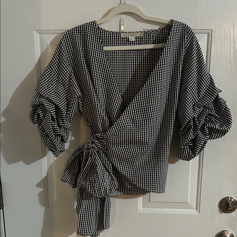 Boston Proper Black and White Checkered Wrap Blouse